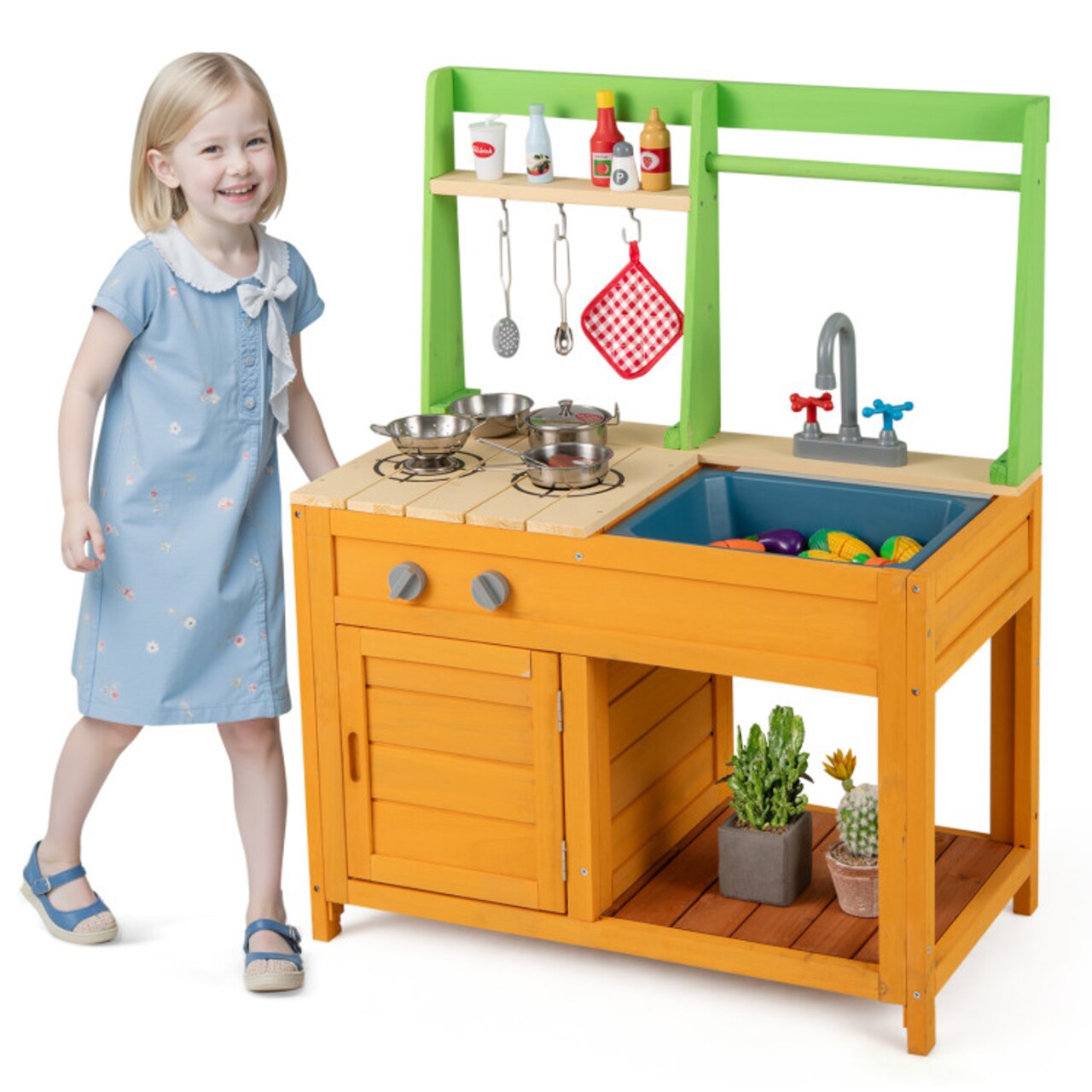 Wooden Outdoor Mud Kitchen Playset for Kids with Dual Stoves Oven Sink and Cooking Accessories